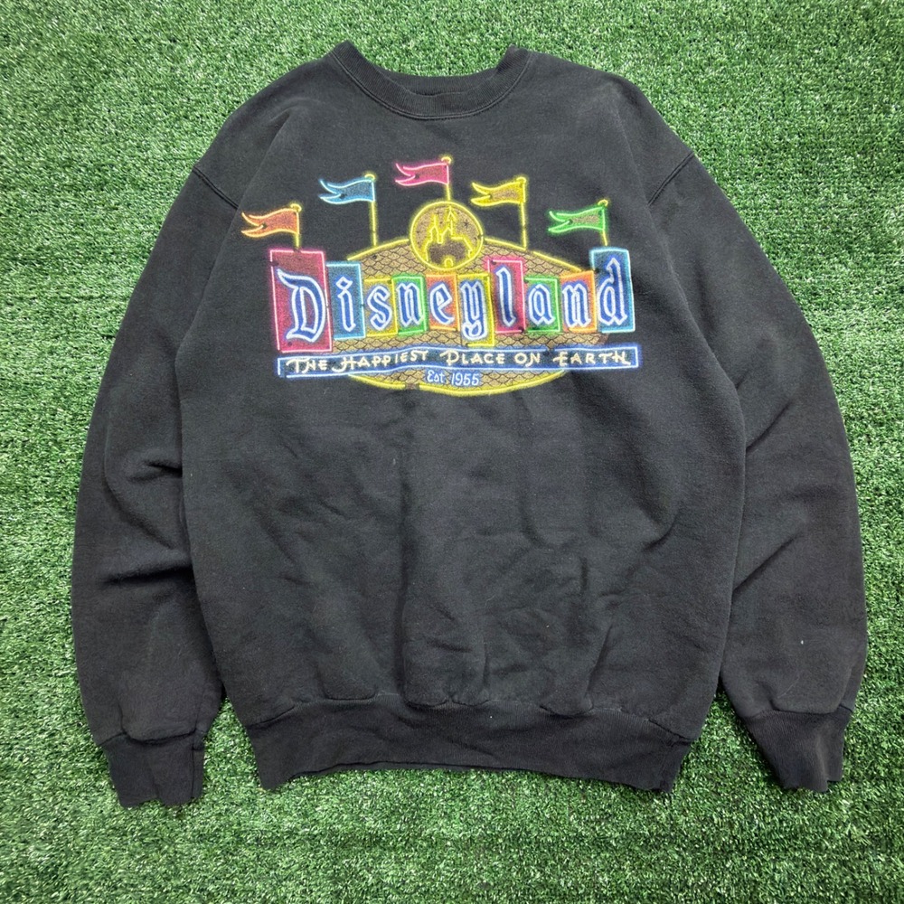 Disneyland Resort Hanes Sweatshirt Mens Small Black Neon Graphic Pullover VTG